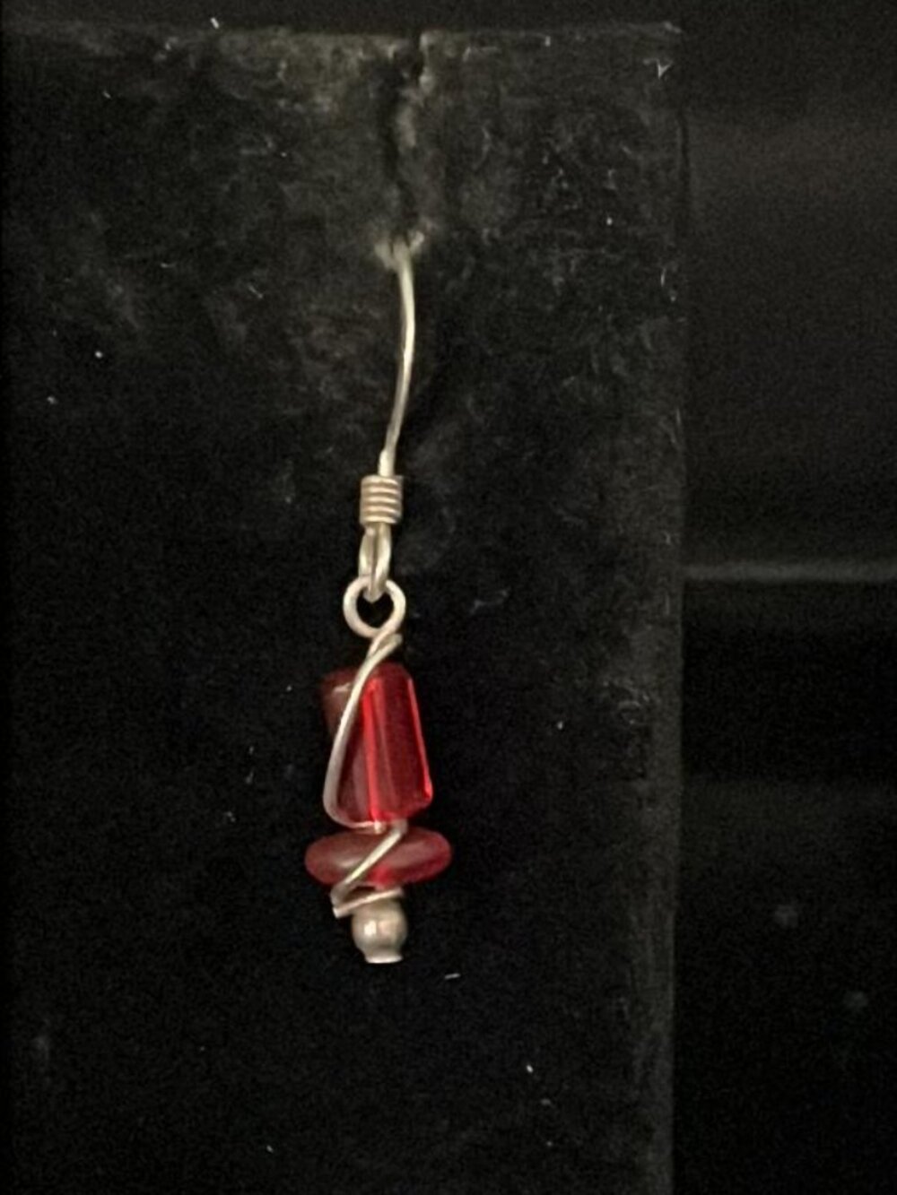 Red Long Flat Circle Beads with Silver Tone Wire Earrings - Picture 2 of 2